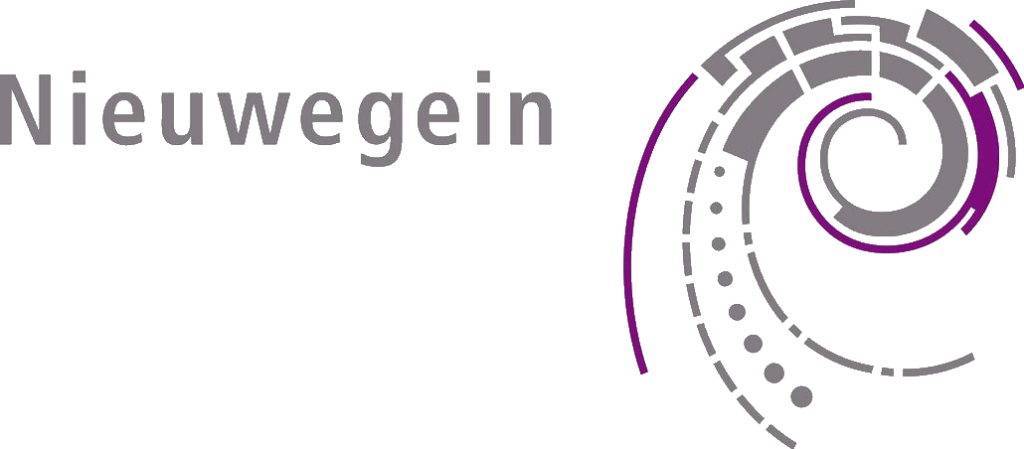 Logo van de gemeente Nieuwegein met paars-grijs grafisch symbool in spiraalvorm