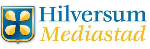 Logo van gemeente Hilversum mediastad blauwe en gele letters