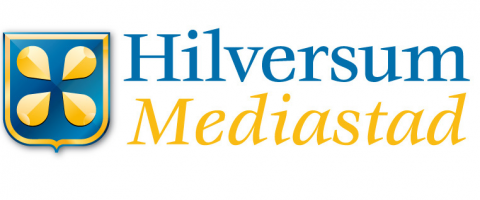 Logo van gemeente Hilversum mediastad blauwe en gele letters