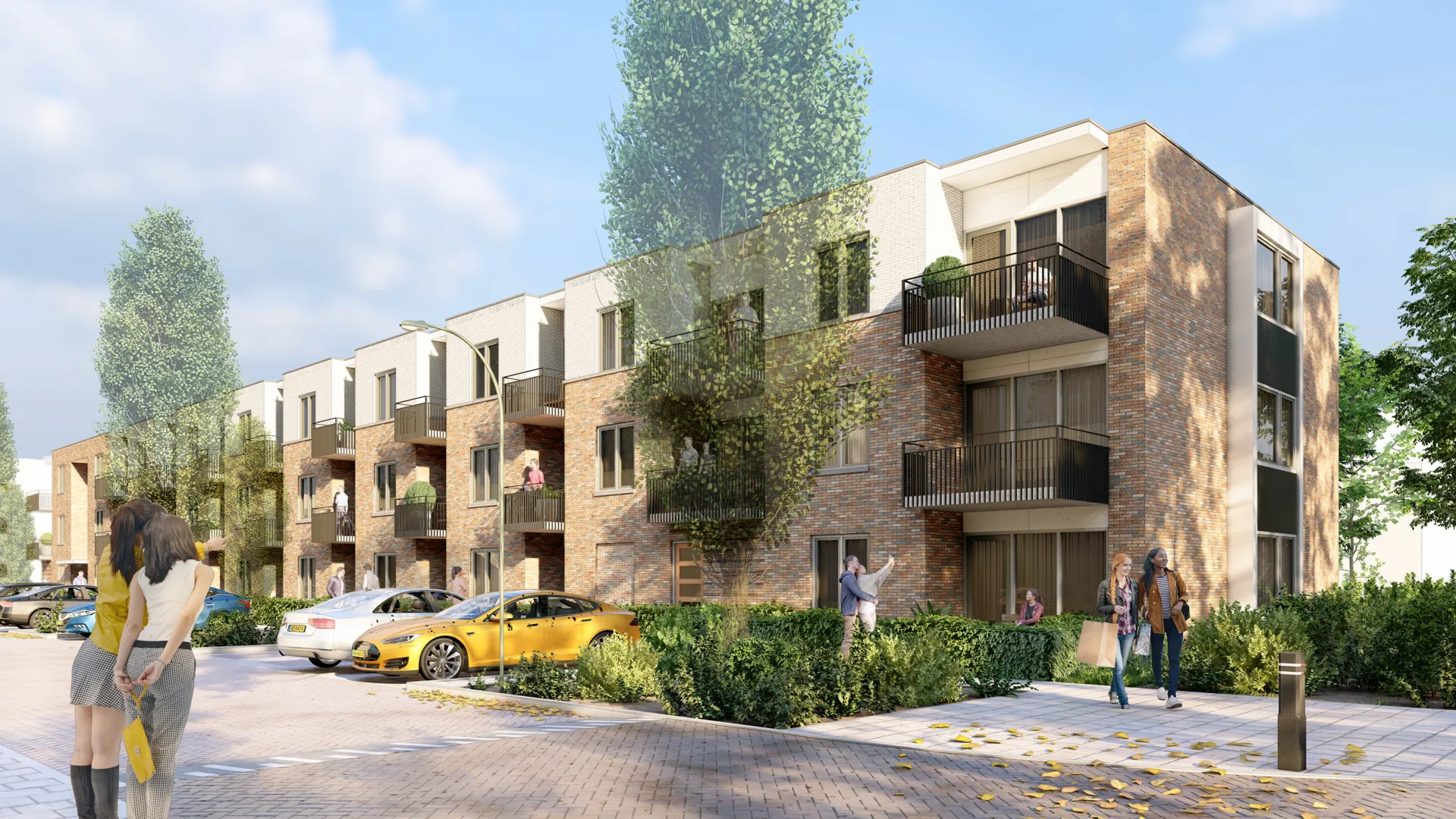 Foto van appartementencomplex met sparrenbomen ervoor aan een straat in Soesterberg.